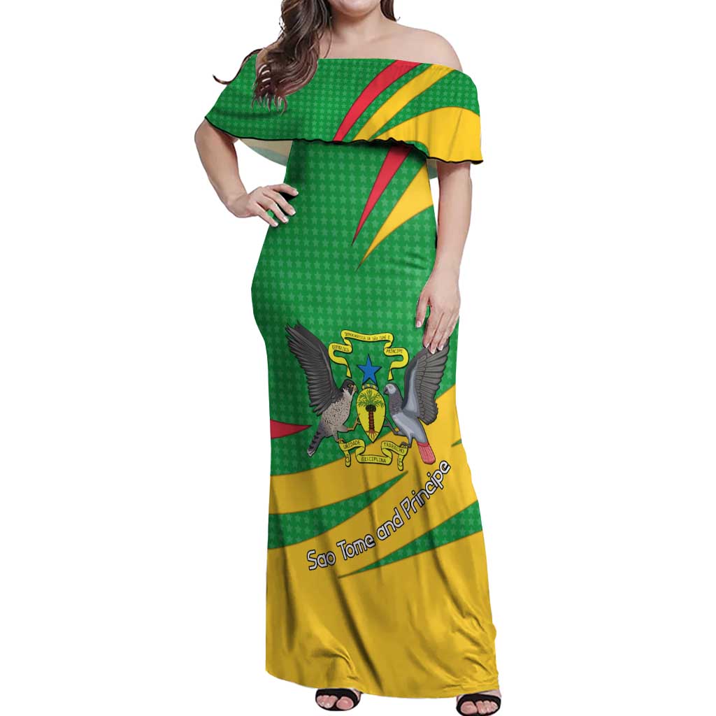 Sao Tome and Principe National Emblem Off Shoulder Maxi Dress with Green Yellow Flag Pattern