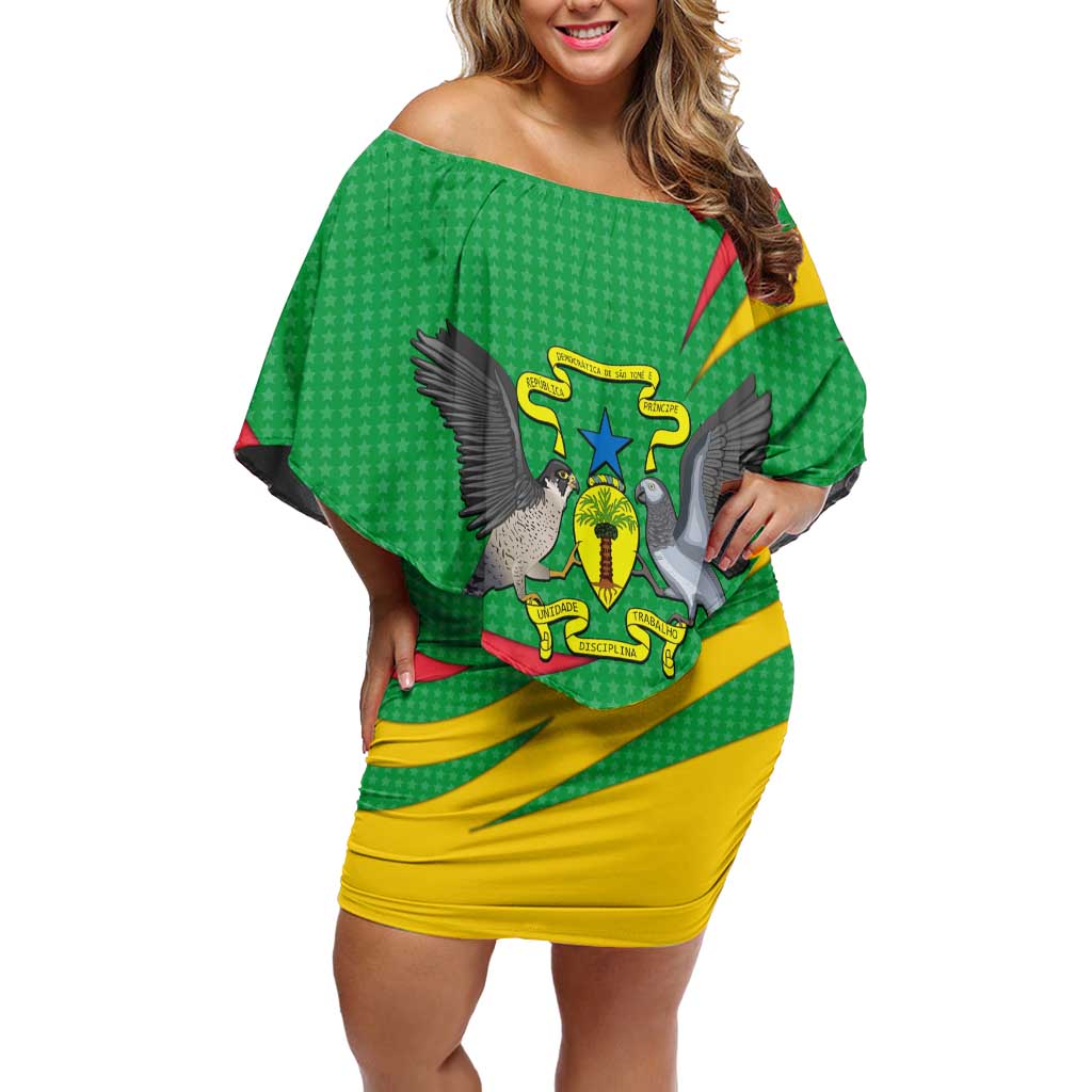 Sao Tome and Principe National Emblem Off Shoulder Short Dress with Green Yellow Flag Pattern
