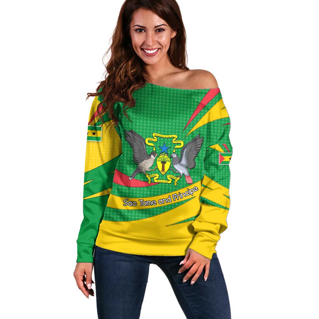 Sao Tome and Principe National Emblem Off Shoulder Sweater with Green Yellow Flag Pattern