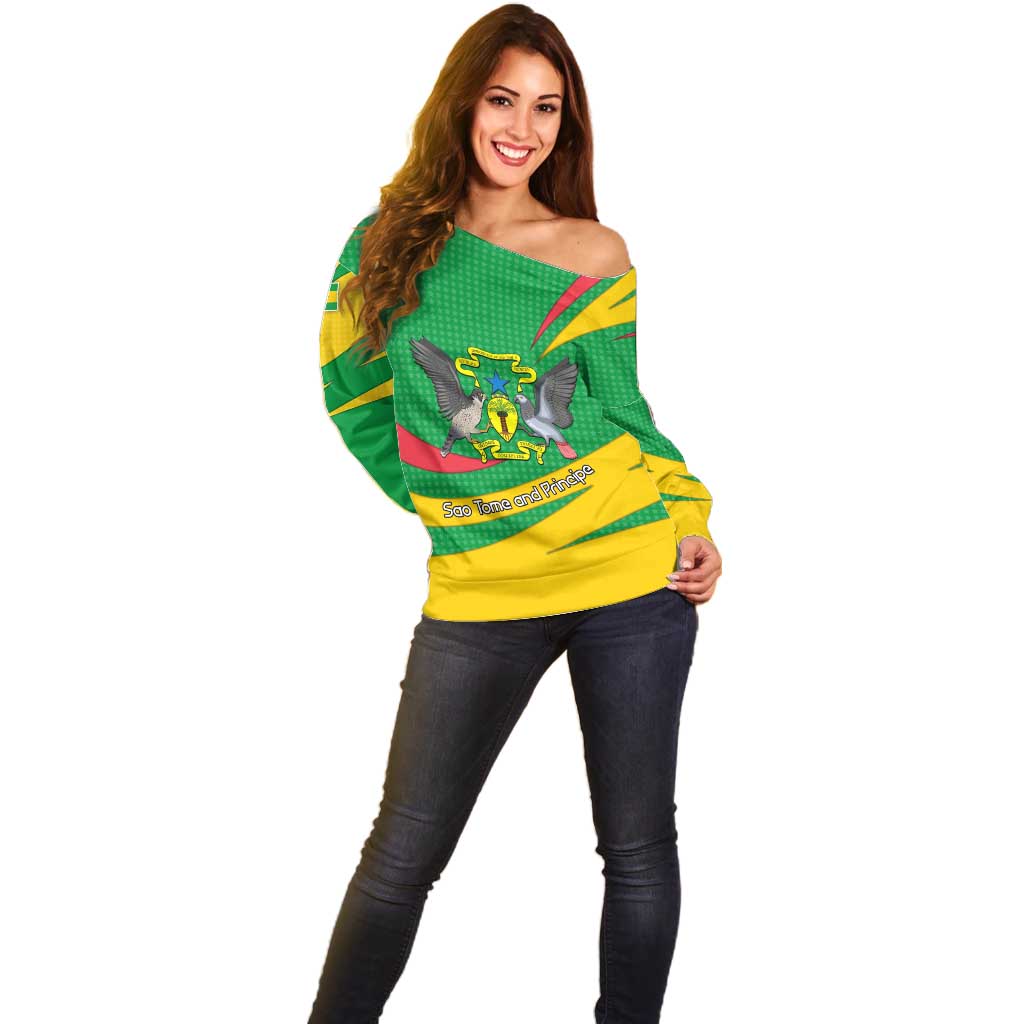 Sao Tome and Principe National Emblem Off Shoulder Sweater with Green Yellow Flag Pattern