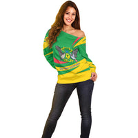Sao Tome and Principe National Emblem Off Shoulder Sweater with Green Yellow Flag Pattern