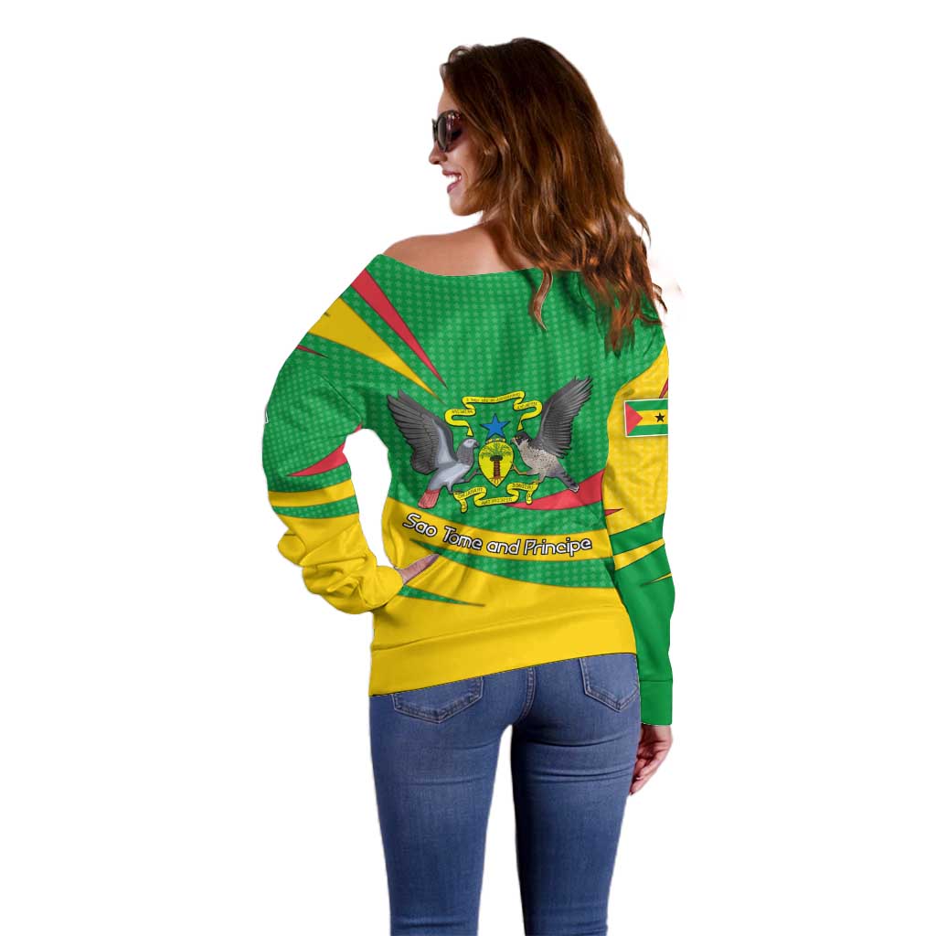 Sao Tome and Principe National Emblem Off Shoulder Sweater with Green Yellow Flag Pattern