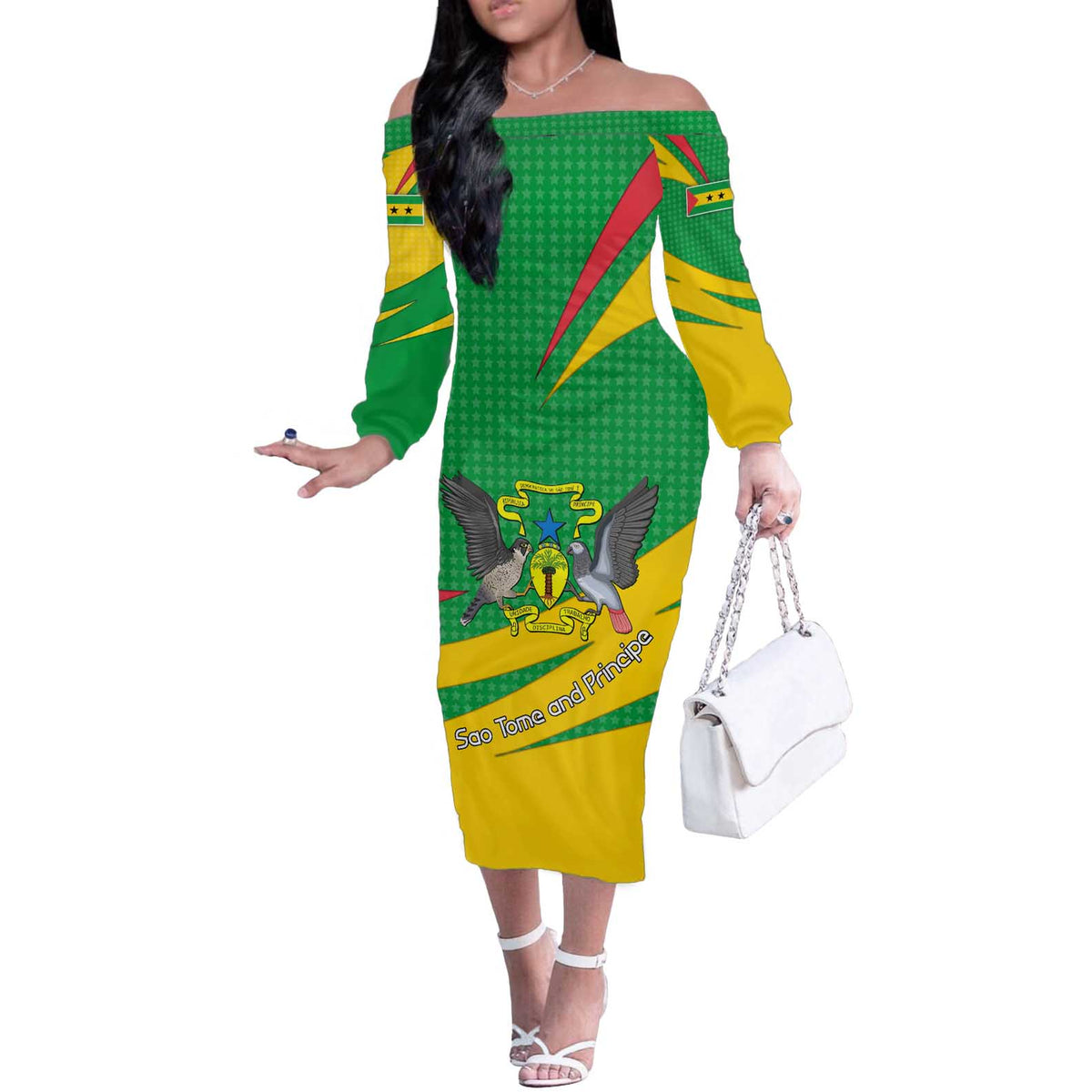 Sao Tome and Principe National Emblem Off The Shoulder Long Sleeve Dress with Green Yellow Flag Pattern