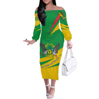 Sao Tome and Principe National Emblem Off The Shoulder Long Sleeve Dress with Green Yellow Flag Pattern