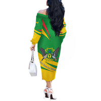 Sao Tome and Principe National Emblem Off The Shoulder Long Sleeve Dress with Green Yellow Flag Pattern