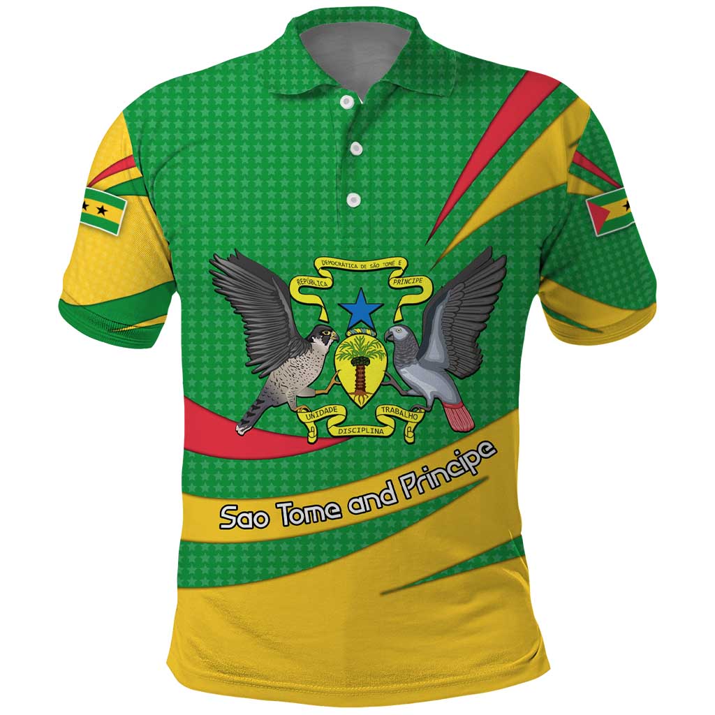 Sao Tome and Principe National Emblem Polo Shirt with Green Yellow Flag Pattern