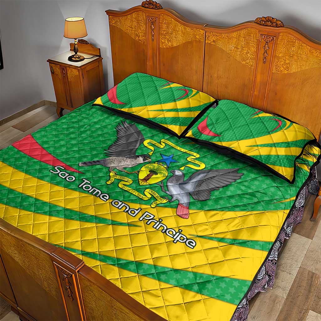Sao Tome and Principe National Emblem Quilt Bed Set with Green Yellow Flag Pattern