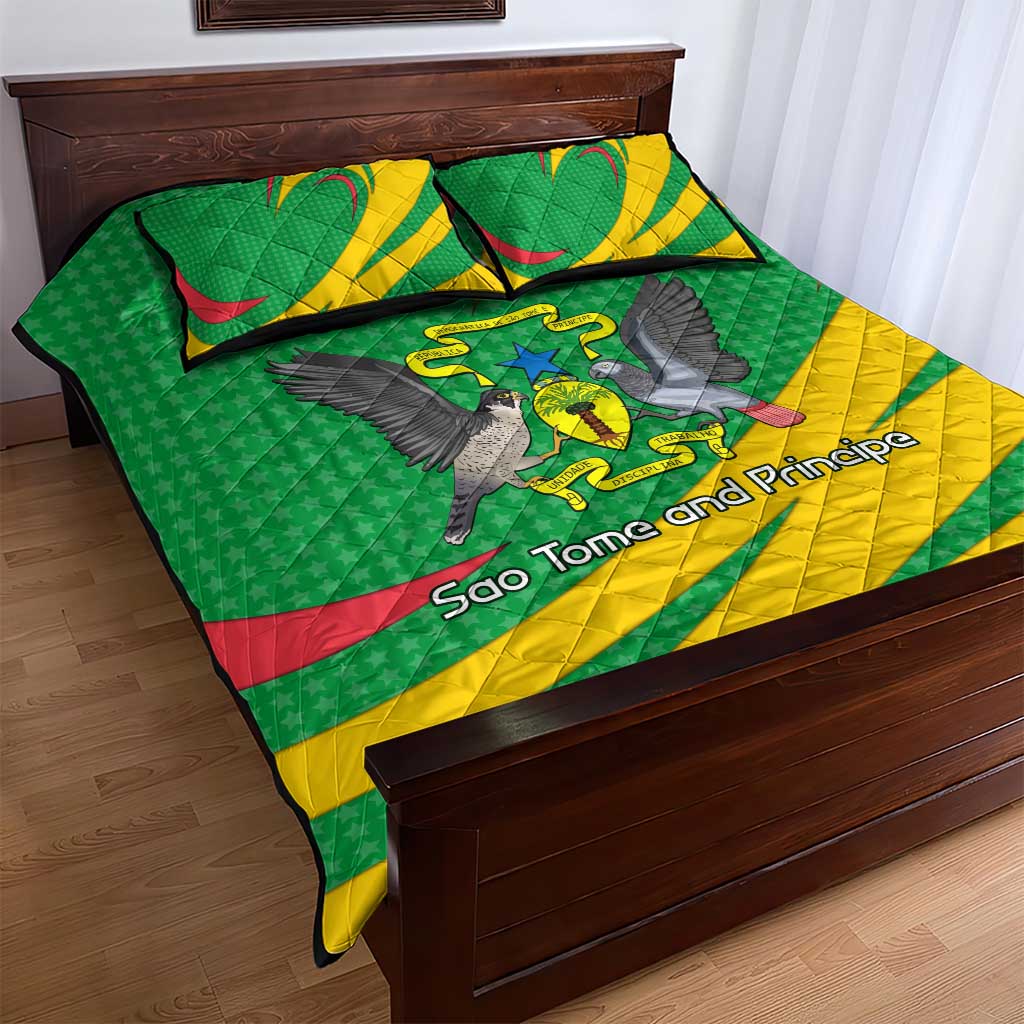Sao Tome and Principe National Emblem Quilt Bed Set with Green Yellow Flag Pattern