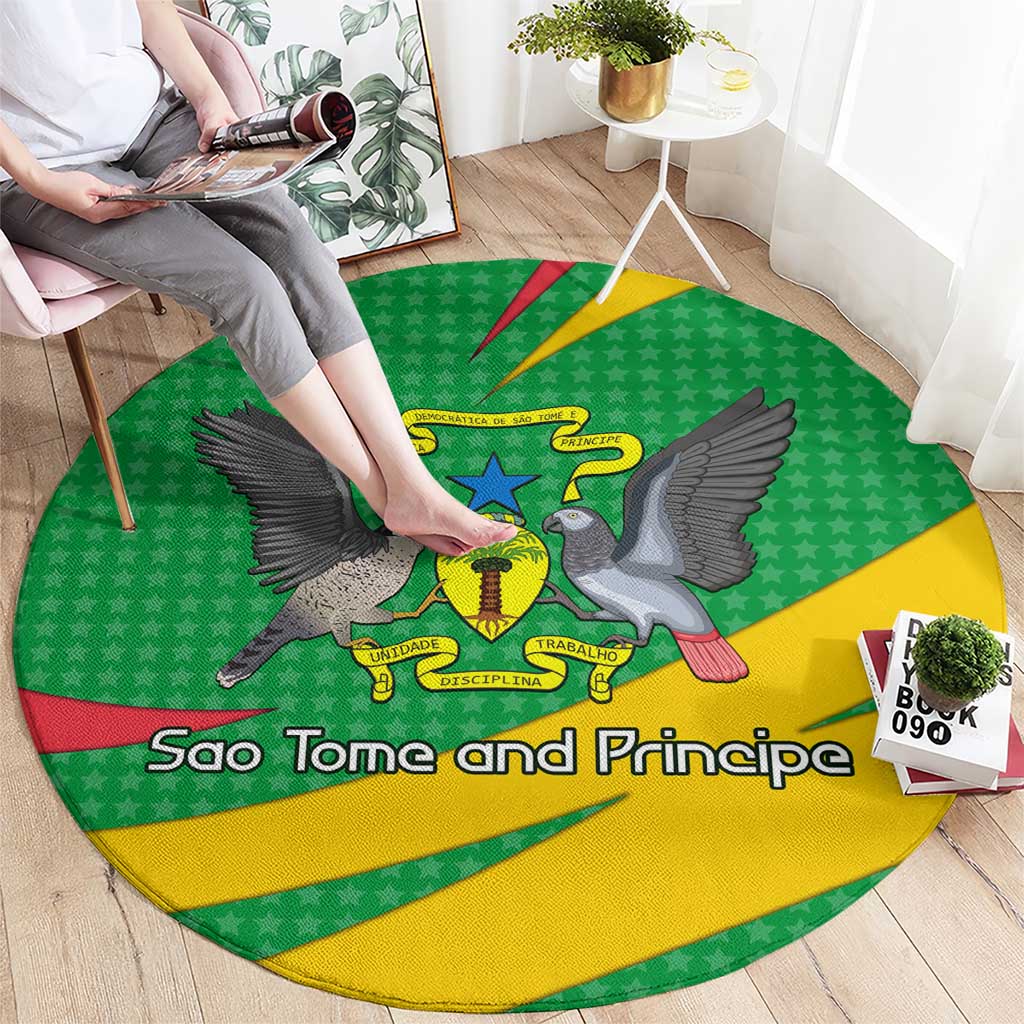 Sao Tome and Principe National Emblem Round Carpet with Green Yellow Flag Pattern