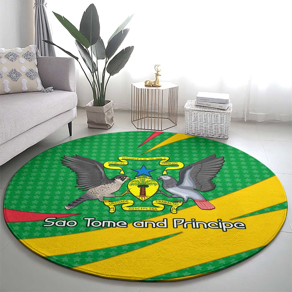 Sao Tome and Principe National Emblem Round Carpet with Green Yellow Flag Pattern