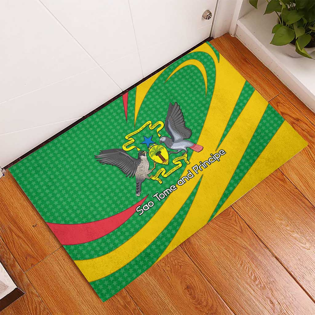 Sao Tome and Principe National Emblem Rubber Doormat with Green Yellow Flag Pattern