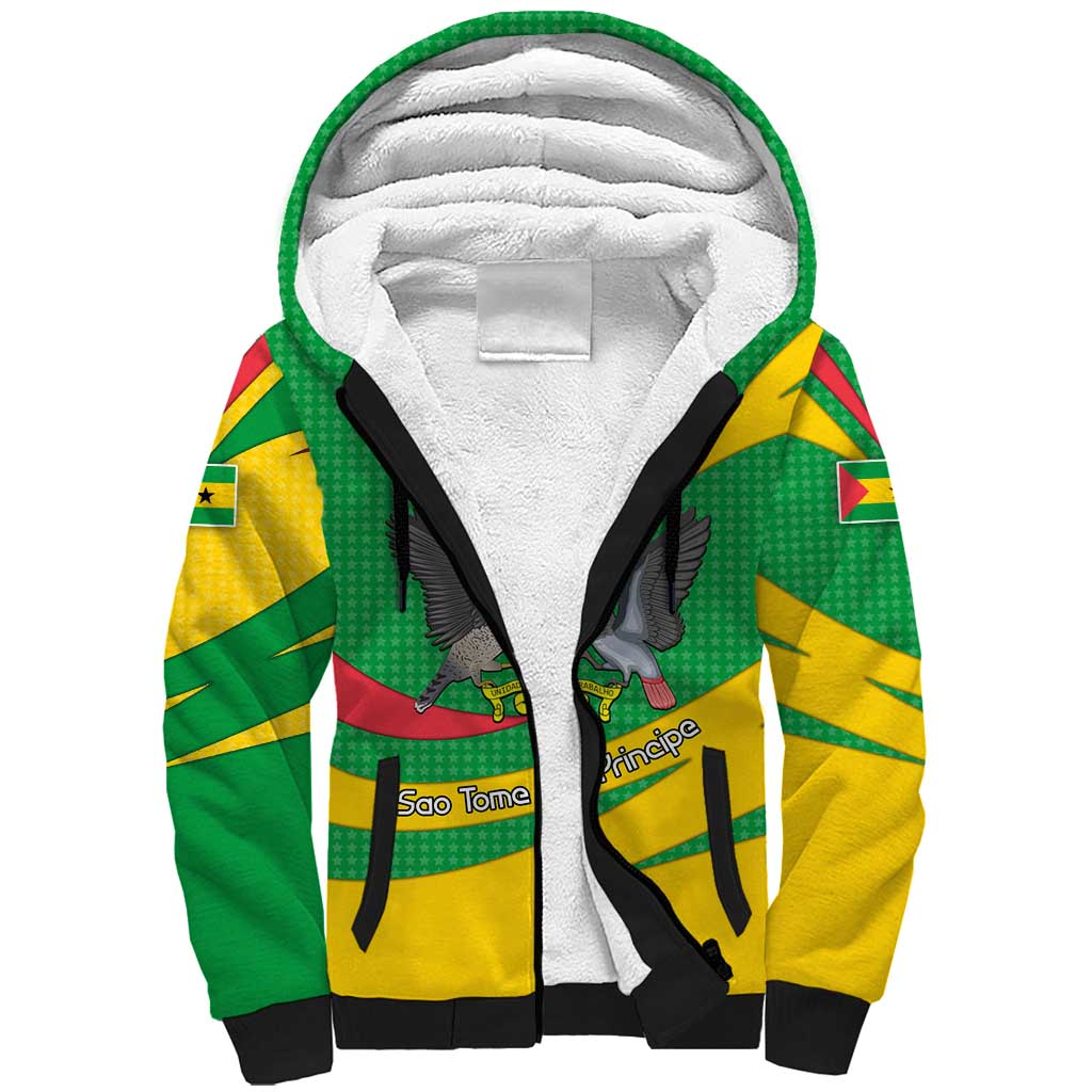 Sao Tome and Principe National Emblem Sherpa Hoodie with Green Yellow Flag Pattern