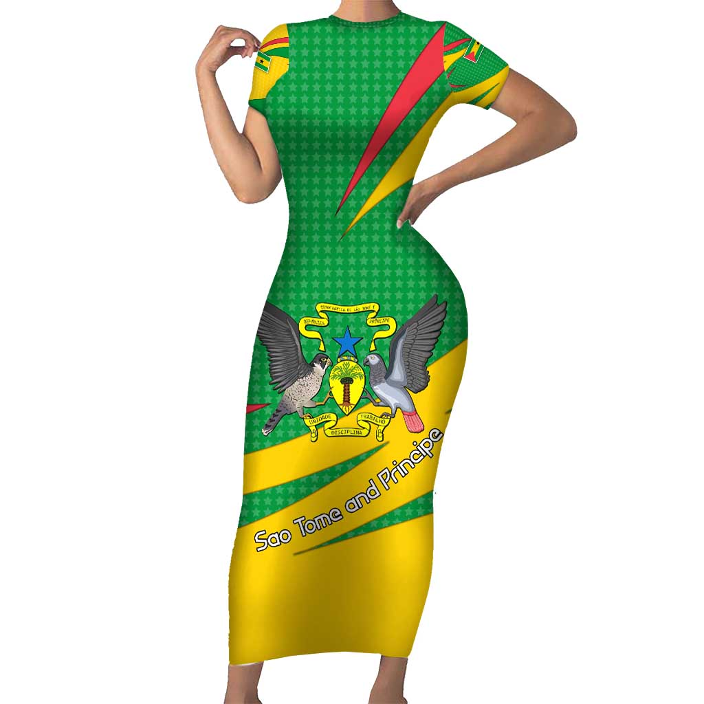 Sao Tome and Principe National Emblem Short Sleeve Bodycon Dress with Green Yellow Flag Pattern