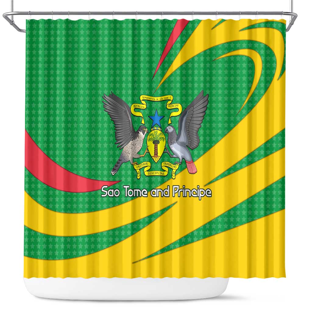 Sao Tome and Principe National Emblem Shower Curtain with Green Yellow Flag Pattern