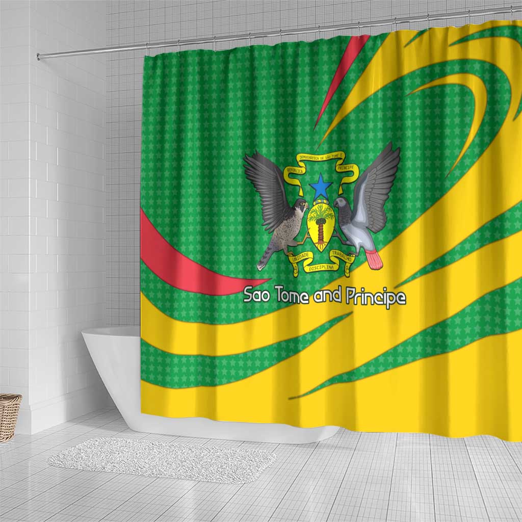 Sao Tome and Principe National Emblem Shower Curtain with Green Yellow Flag Pattern