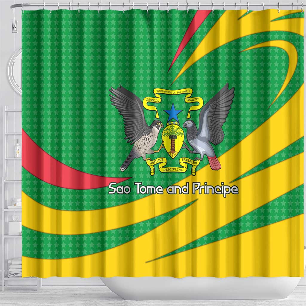 Sao Tome and Principe National Emblem Shower Curtain with Green Yellow Flag Pattern