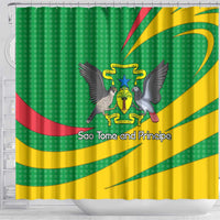 Sao Tome and Principe National Emblem Shower Curtain with Green Yellow Flag Pattern