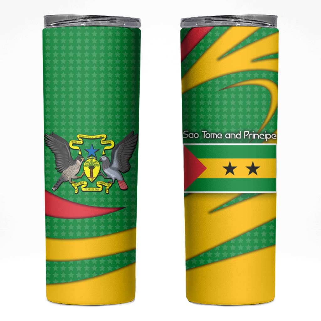 Sao Tome and Principe National Emblem Skinny Tumbler with Green Yellow Flag Pattern