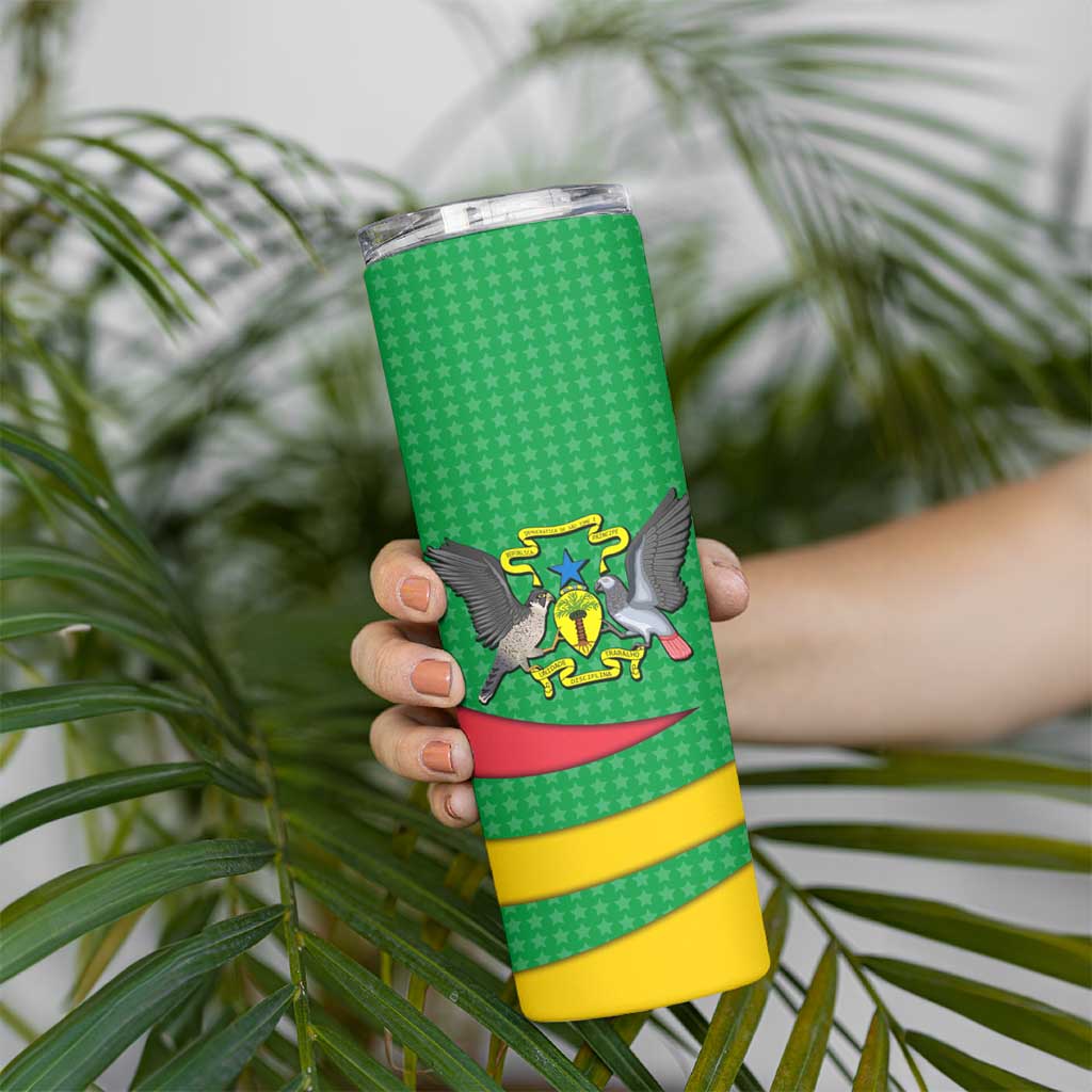 Sao Tome and Principe National Emblem Skinny Tumbler with Green Yellow Flag Pattern