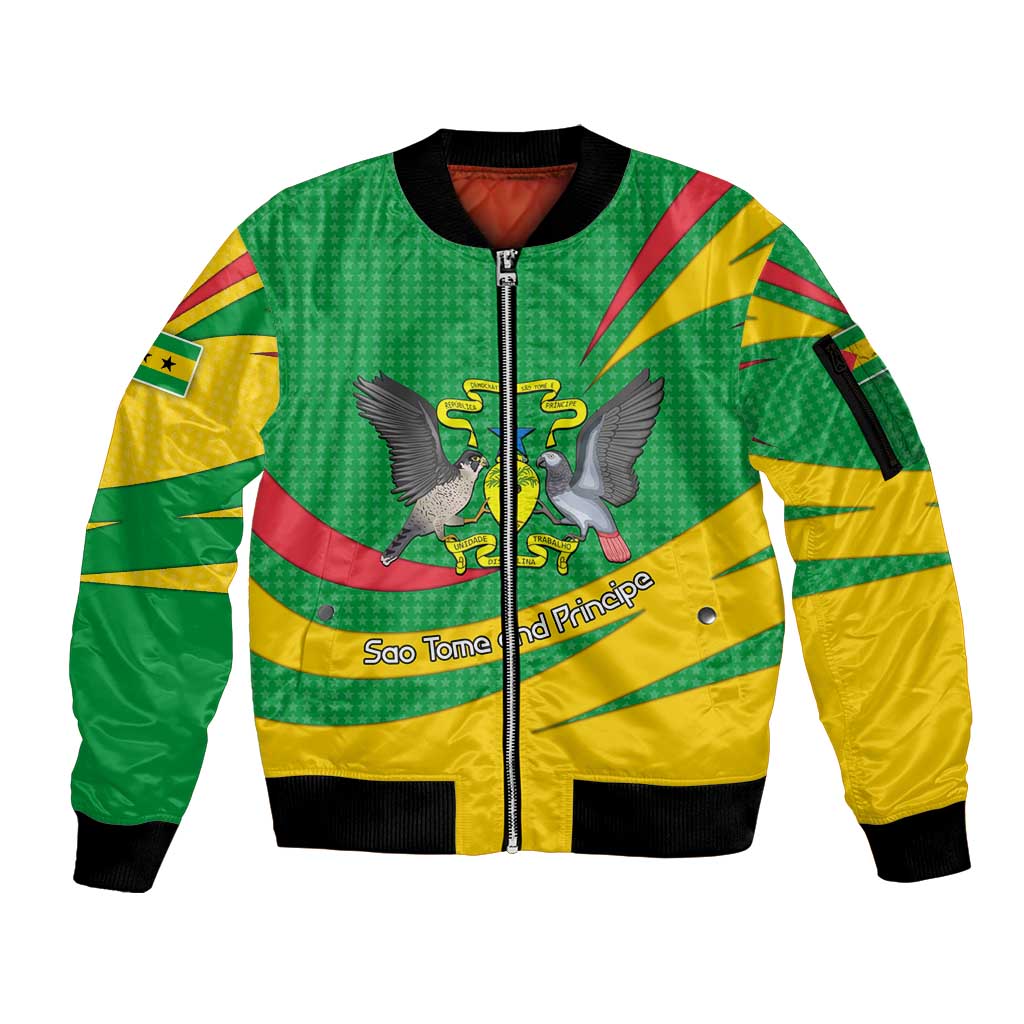 Sao Tome and Principe National Emblem Sleeve Zip Bomber Jacket with Green Yellow Flag Pattern