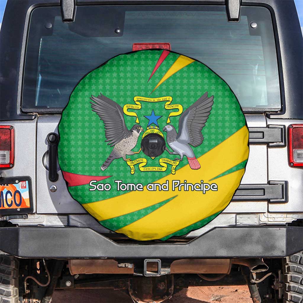 Sao Tome and Principe National Emblem Spare Tire Cover with Green Yellow Flag Pattern