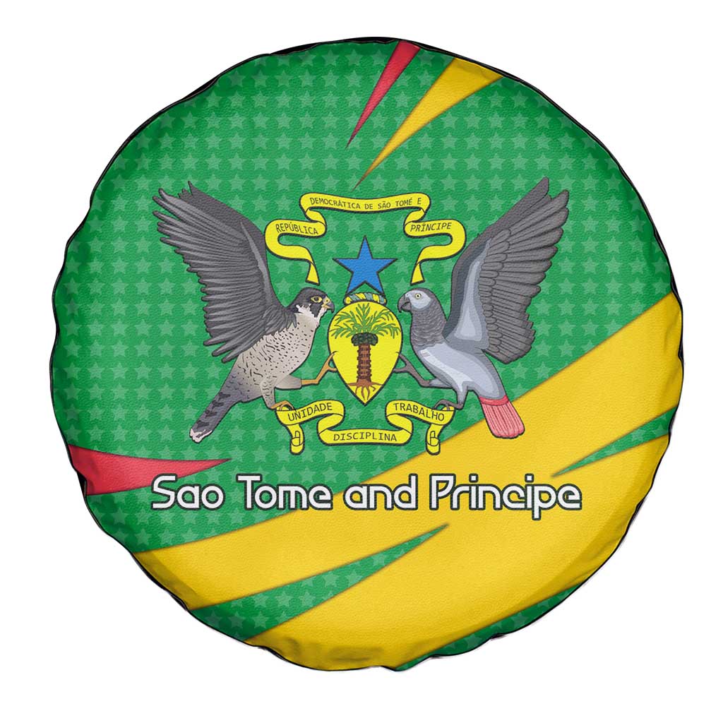 Sao Tome and Principe National Emblem Spare Tire Cover with Green Yellow Flag Pattern