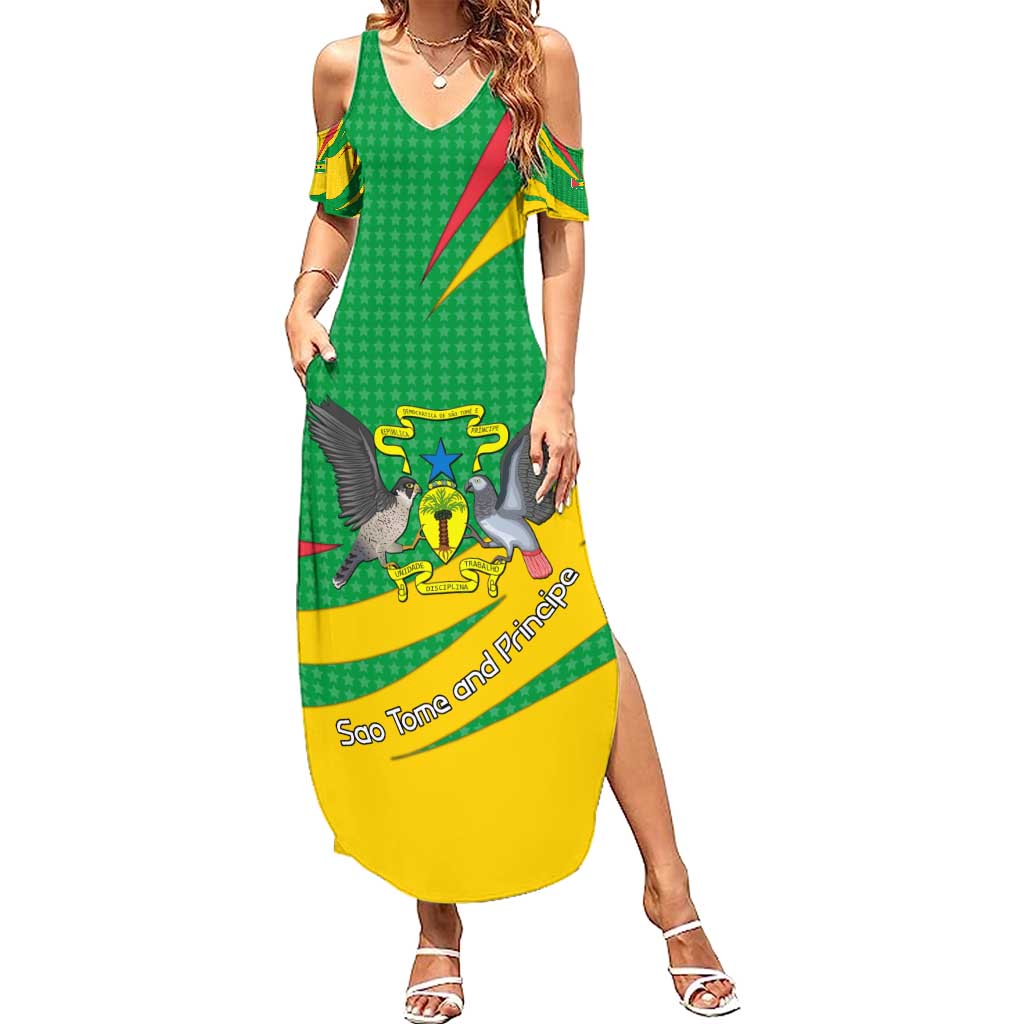 Sao Tome and Principe National Emblem Summer Maxi Dress with Green Yellow Flag Pattern