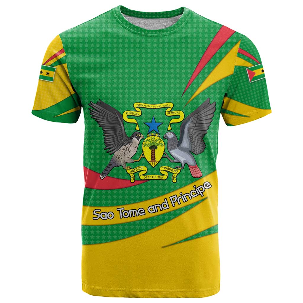 Sao Tome and Principe National Emblem T Shirt with Green Yellow Flag Pattern