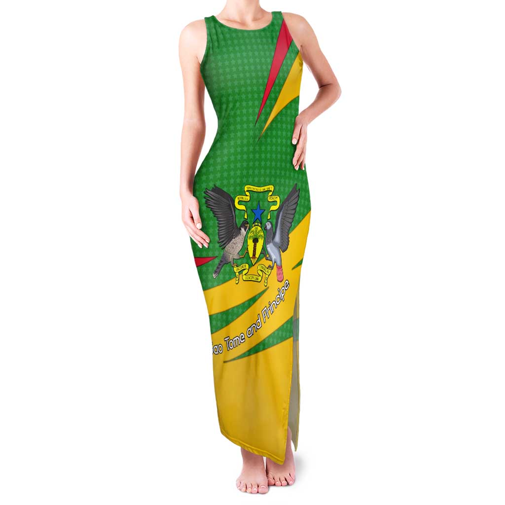Sao Tome and Principe National Emblem Tank Maxi Dress with Green Yellow Flag Pattern