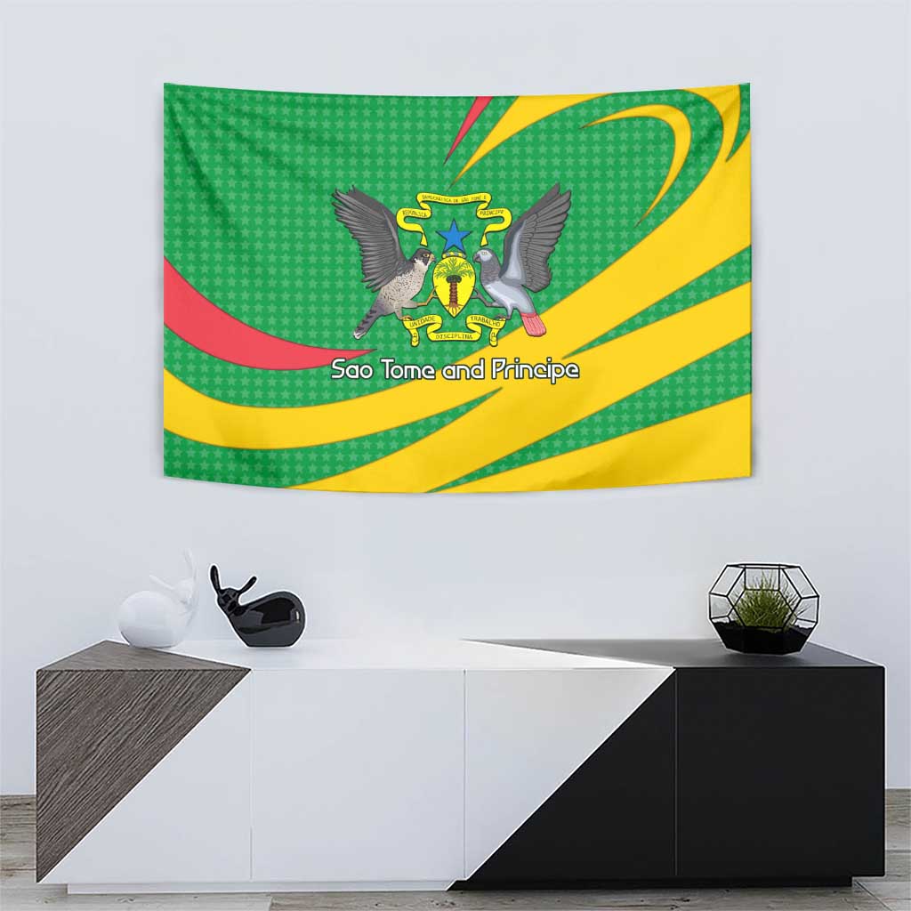 Sao Tome and Principe National Emblem Tapestry with Green Yellow Flag Pattern