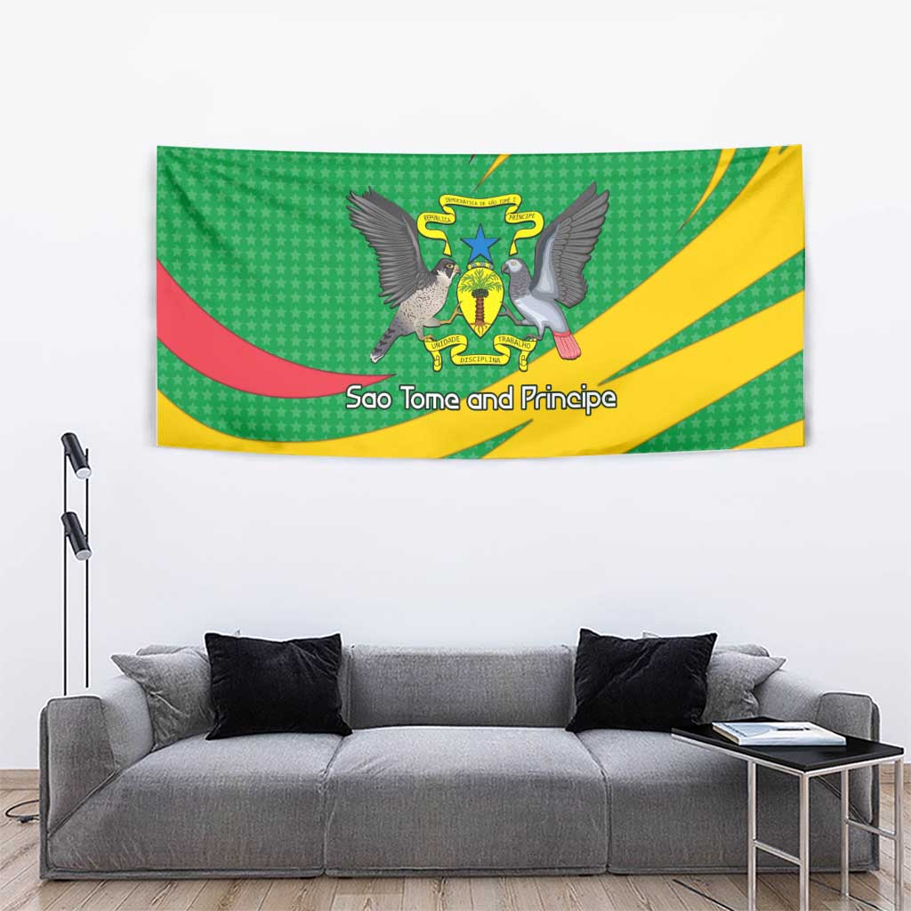 Sao Tome and Principe National Emblem Tapestry with Green Yellow Flag Pattern