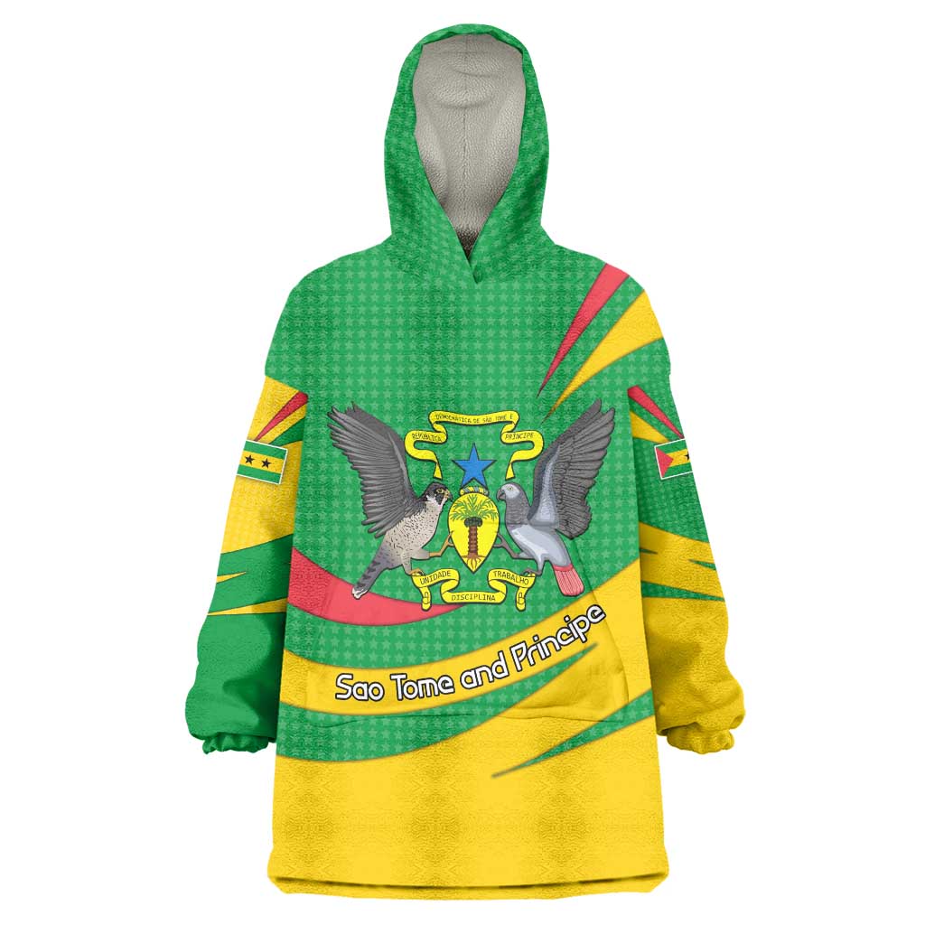 Sao Tome and Principe National Emblem Wearable Blanket Hoodie with Green Yellow Flag Pattern