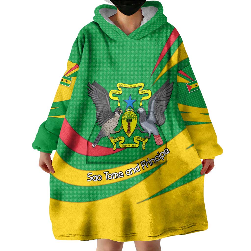 Sao Tome and Principe National Emblem Wearable Blanket Hoodie with Green Yellow Flag Pattern