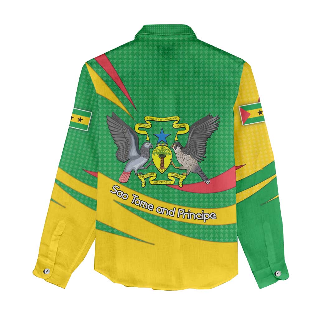 Sao Tome and Principe National Emblem Women Casual Shirt with Green Yellow Flag Pattern