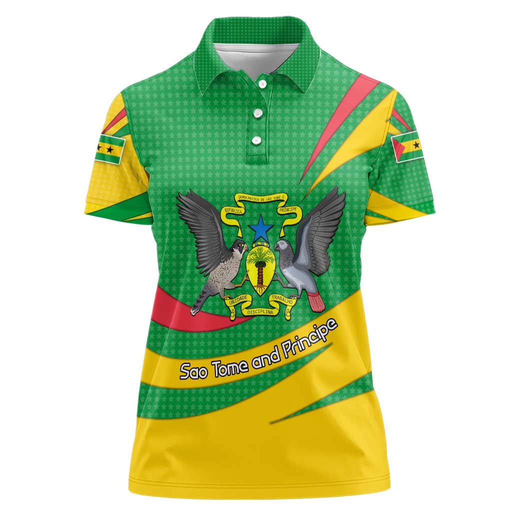 Sao Tome and Principe National Emblem Women Polo Shirt with Green Yellow Flag Pattern