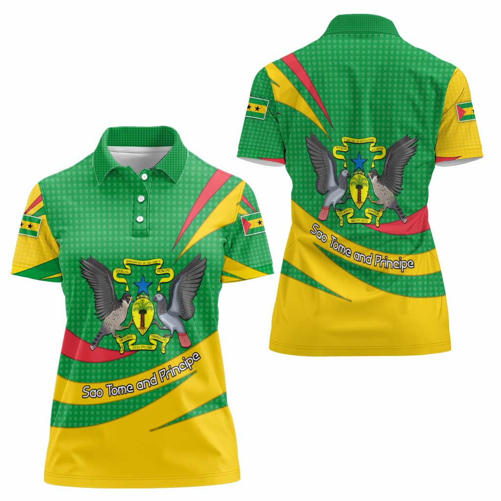 Sao Tome and Principe National Emblem Women Polo Shirt with Green Yellow Flag Pattern