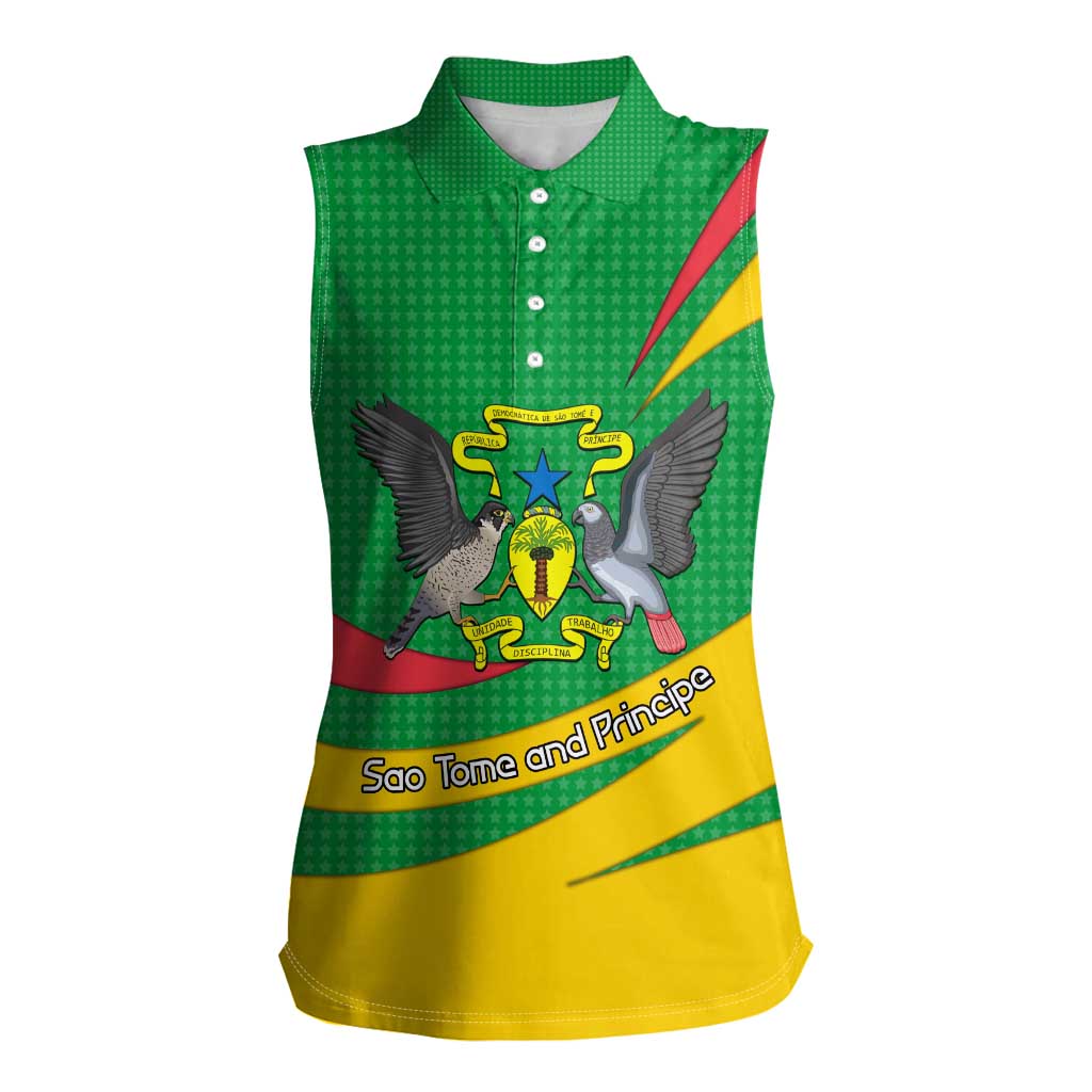 Sao Tome and Principe National Emblem Women Sleeveless Polo Shirt with Green Yellow Flag Pattern