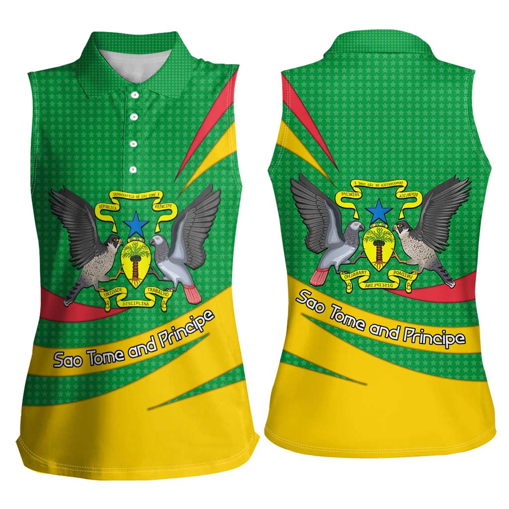 Sao Tome and Principe National Emblem Women Sleeveless Polo Shirt with Green Yellow Flag Pattern