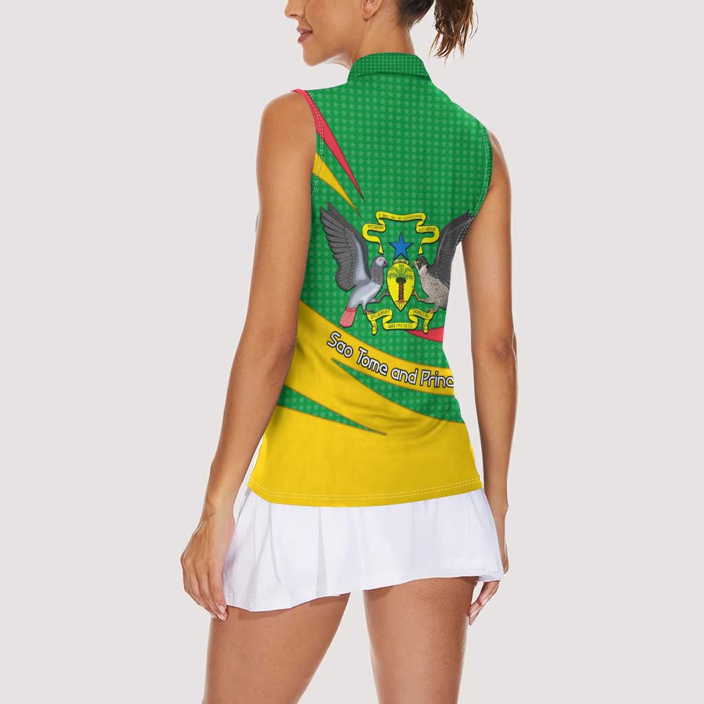 Sao Tome and Principe National Emblem Women Sleeveless Polo Shirt with Green Yellow Flag Pattern