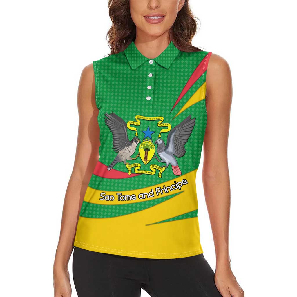 Sao Tome and Principe National Emblem Women Sleeveless Polo Shirt with Green Yellow Flag Pattern