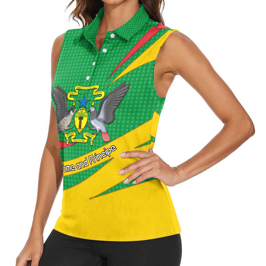 Sao Tome and Principe National Emblem Women Sleeveless Polo Shirt with Green Yellow Flag Pattern