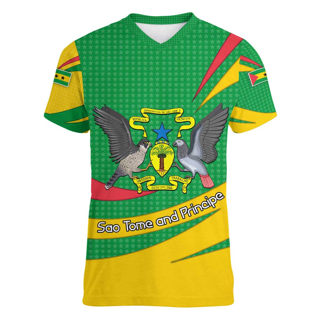 Sao Tome and Principe National Emblem Women V-Neck T-Shirt with Green Yellow Flag Pattern