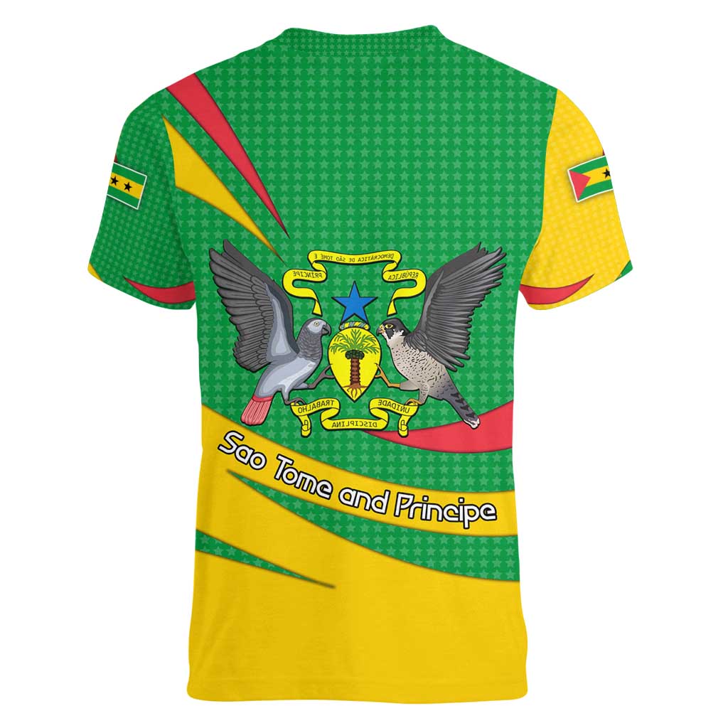 Sao Tome and Principe National Emblem Women V-Neck T-Shirt with Green Yellow Flag Pattern