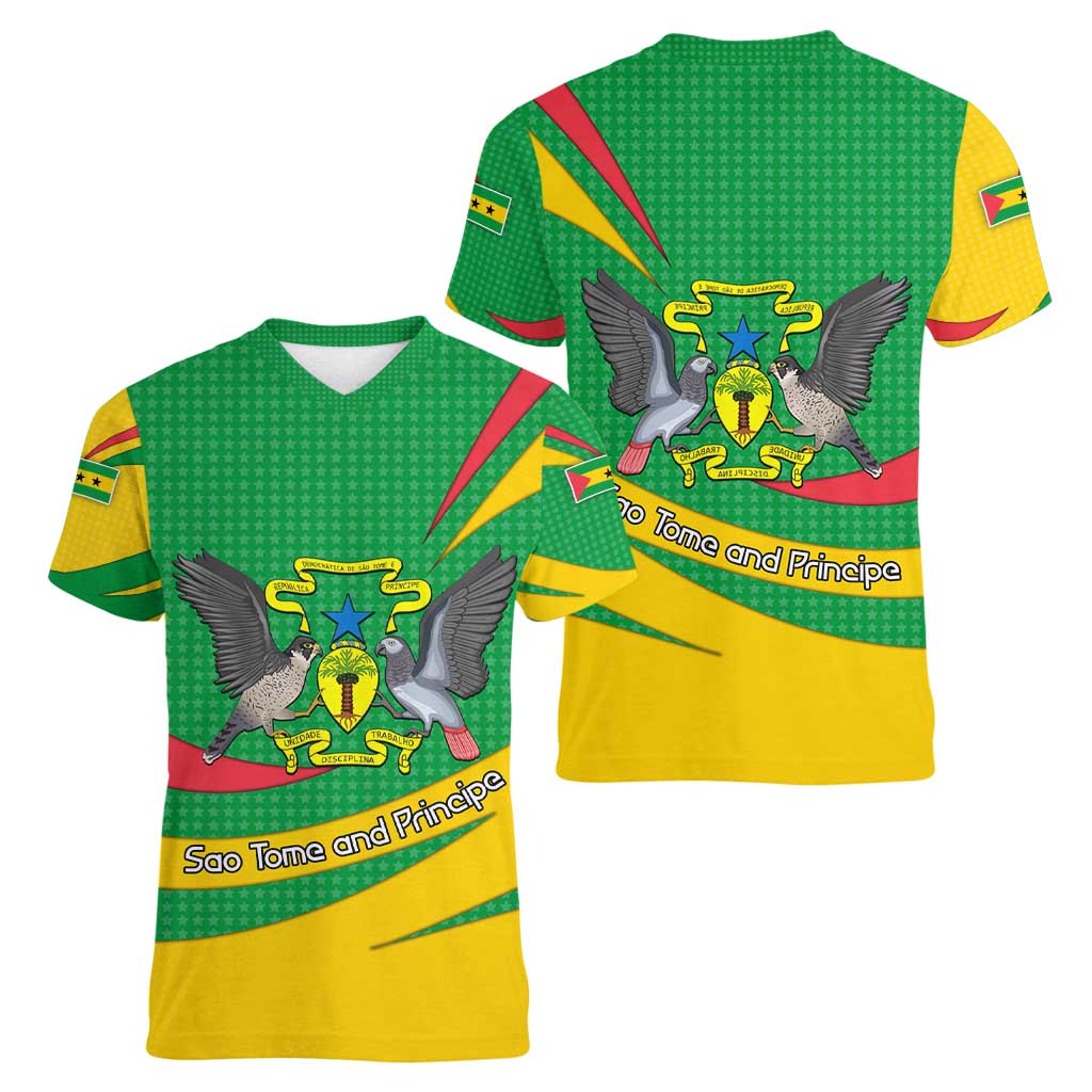 Sao Tome and Principe National Emblem Women V-Neck T-Shirt with Green Yellow Flag Pattern
