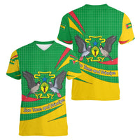 Sao Tome and Principe National Emblem Women V-Neck T-Shirt with Green Yellow Flag Pattern