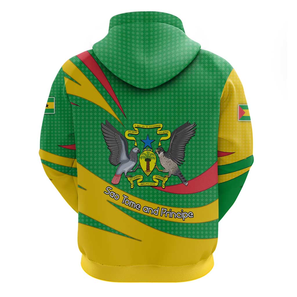 Sao Tome and Principe National Emblem Zip Hoodie with Green Yellow Flag Pattern