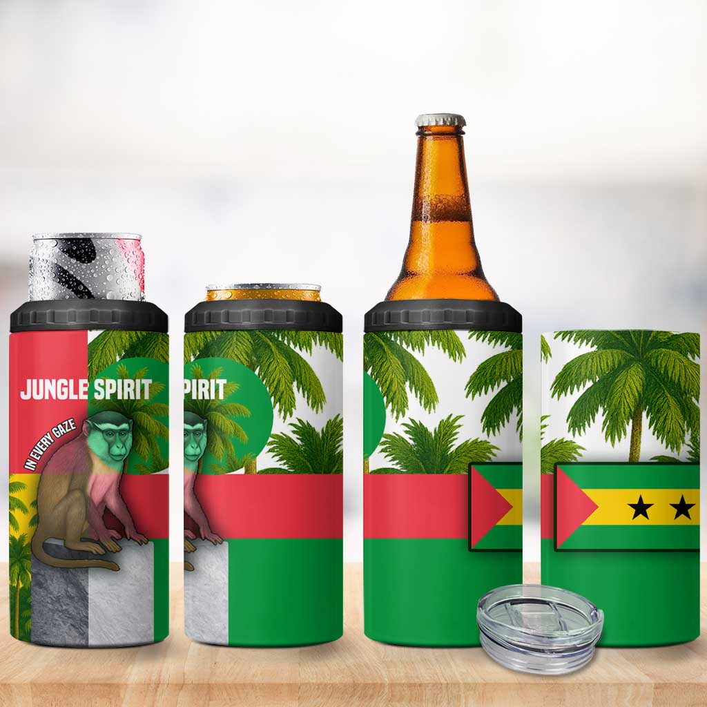 Jungle Spirit Monkey 4 in 1 Can Cooler Tumbler with Sao Tome and Principe Tropical Flag Color Blocks