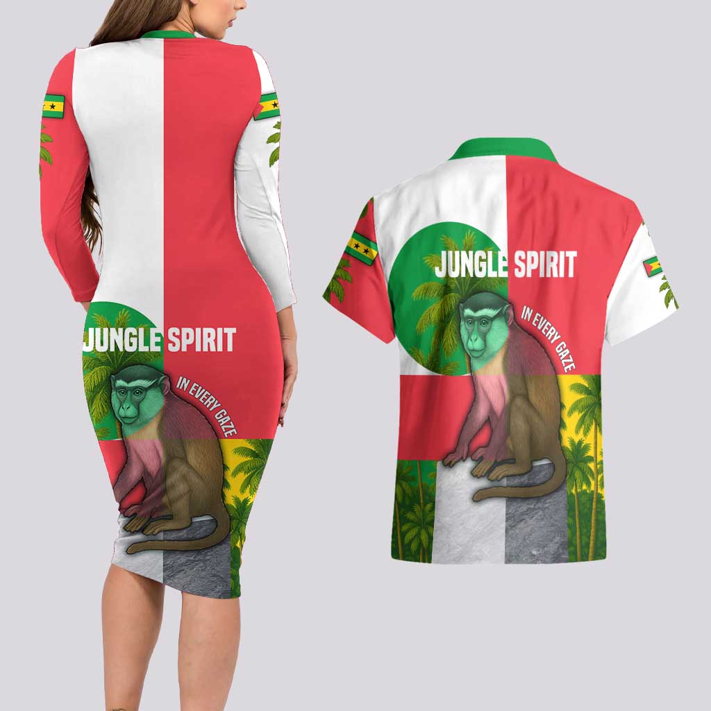 Jungle Spirit Monkey Couples Matching Long Sleeve Bodycon Dress and Hawaiian Shirt with Sao Tome and Principe Tropical Flag Color Blocks