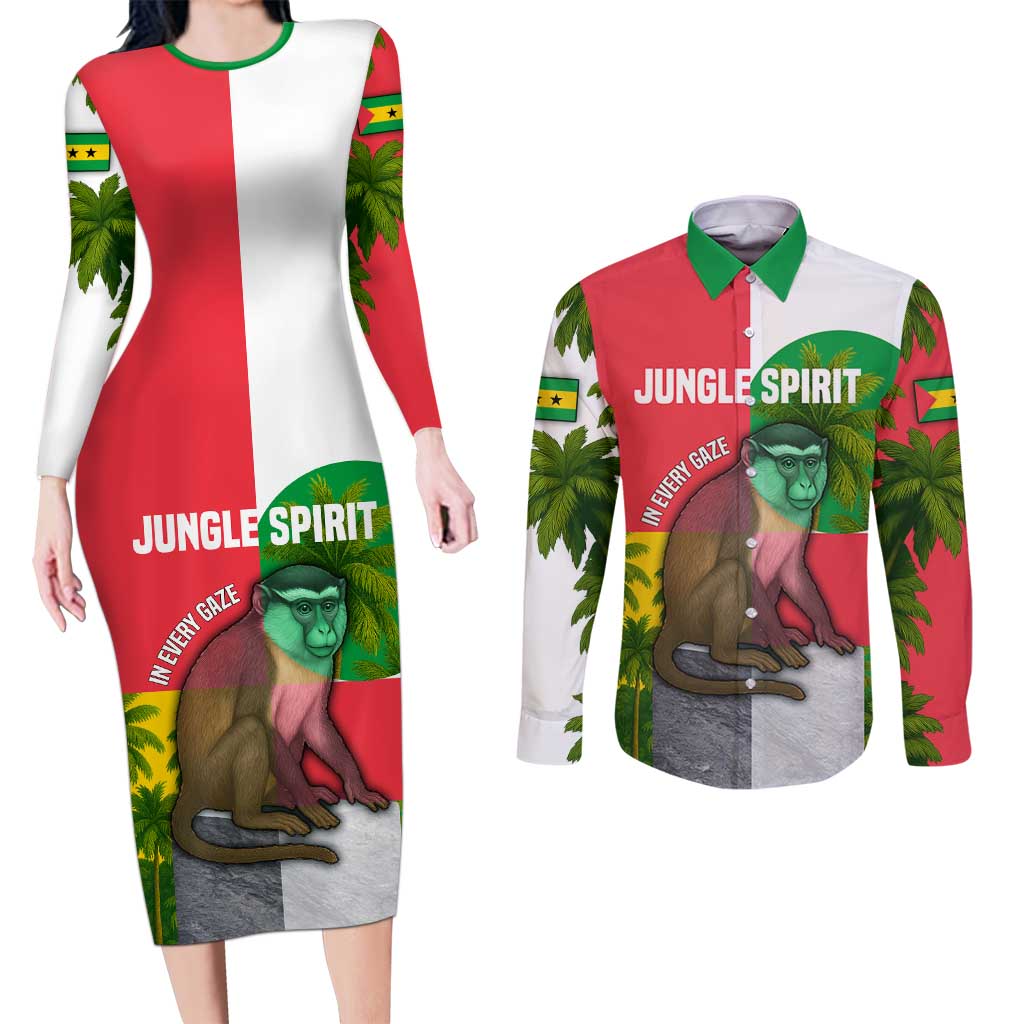 Jungle Spirit Monkey Couples Matching Long Sleeve Bodycon Dress and Long Sleeve Button Shirt with Sao Tome and Principe Tropical Flag Color Blocks