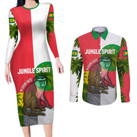 Jungle Spirit Monkey Couples Matching Long Sleeve Bodycon Dress and Long Sleeve Button Shirt with Sao Tome and Principe Tropical Flag Color Blocks